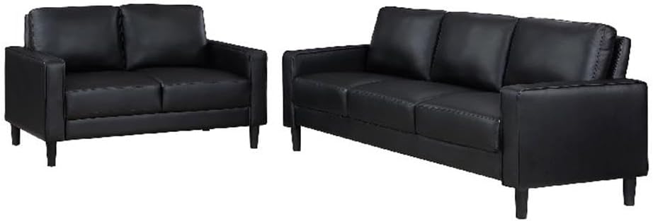 Pemberly Row 2-Piece Sofa and Loveseat Set, Black Faux Leather, Track Arms and Tapered Legs, Foam and Plywood Construction, Sinuous Spring Seating, Modern Living Room Furniture, 250 lb Capacity Per