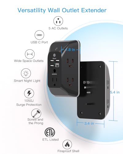 Black Outlet Extender with Night Light, HANYCONY Multi Plug Outlet, USB Wall Charger Surge Protector 4 USB Charging Port(1USB C), Power Strip Electrical Outlet Splitter Expander for Office Dorm Room - Image 6