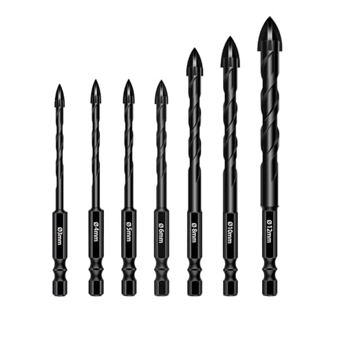 Tile Drill Bit Set 7-Piece 3/4/5/6/8/10/12 mm Hexagonal Shank, Glass Drill Cross Carbide Drill Bit for Tiles Ceramics