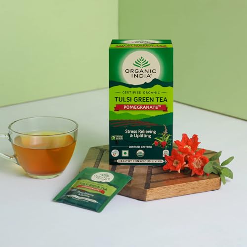 Image of A TATA Product - Organic India Tulsi Green Tea Pomegranate - 25 Tea Bags, Certified Organic, Stress Relief, Rich in Antioxidant, Tulsi & Pomegranate Infusion (Pack of 3)