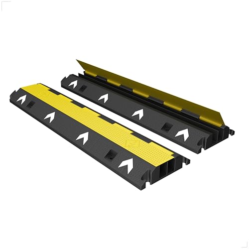 Cable Protector 2-Channel | Heavy-Duty Pedestrian Cable Ramp | PVC Outdoor Cable Cover with Yellow Lid | Interlocking Floor Cable Protector for EV Charging Cables, Events, Warehouses - Set of 2