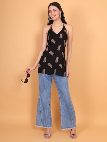 Image of FIMS - Fashion is my style Rayon Short Kurti for Women, Ethnic Printed, Black Sleeveless Kurtis, Summer Wear, Ideal Gift for Girls