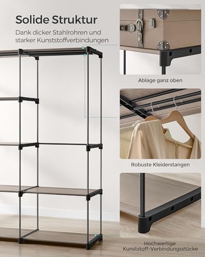 SONGMICS Kleiderschrank, Kleiderständer, freistehende Garderobe, mit Kleiderstangen, Garderobenständer, Stoffablagen, Metallrahmen, 182 x 43 x 182 cm, Taupe RYG037R02