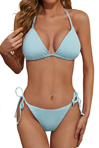 Image of Zuvebamyo Women's Two Piece Bikini Swimsuit Sexy Ribbed Triangle Top Bathing Suits String Cheeky Bikini Sets