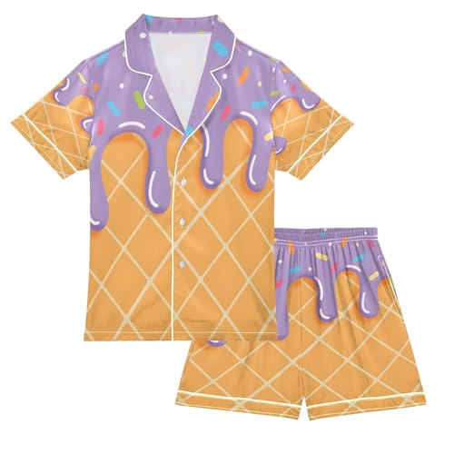 ALAZA Cute Funny Ice Cream Satin Pajamas Set Short Sleeve Button Down Sleepwear Summer Pjs 2 Piece