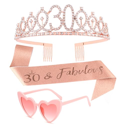 30. Geburtstag Frauen, 30 Geburtstag Frauen Deko, Rosegold 30geburtstags-Krone Schärpe Set, Contains A Pink Heart-Shaped Pair Of Glasses, Ideale Geschenk für Friend, Colleague, Wife, Girlfriend
