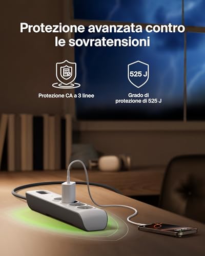 Belkin Ciabatta multipresa con 4 prese, protezione dalle sovratensioni con 4 prese CA protette, 525 joule, cavo di prolunga di 2 metri, presa multipla per casa, ufficio, laptop, computer e altro - 3