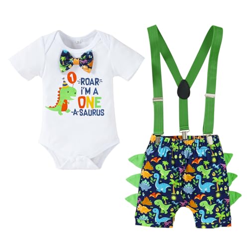 Viworld Baby Boys Cake Smash Clothes Dinosaur Romper Diaper Suspenders