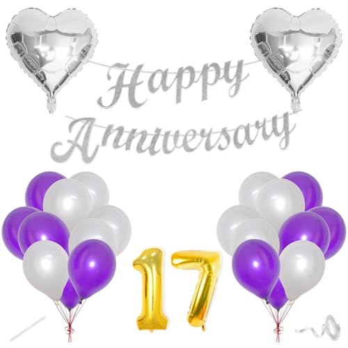 Image of Flyloons 17th Happy Anniversary Decoration Items Purple for Men Women Husband Wife Mom Dad Parent Couple Home Bedroom Car With 20 Pcs Metallic Balloons Anniversary Banner 2 Pcs Heart Set Kit