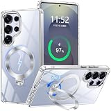 PETORA Galaxy S25 Ultra 用 ケース リング付き MagSafe対応【360度回転式マグネットスタンド・縦横両対応】米軍MIL規格 耐衝撃 レンズ保護 透明 黄ばみ防止 滑り止め マグセーフワイヤレス充電対応 携帯カバー おしゃれ スマホケース (クリア,Galaxy S25 Ultra)