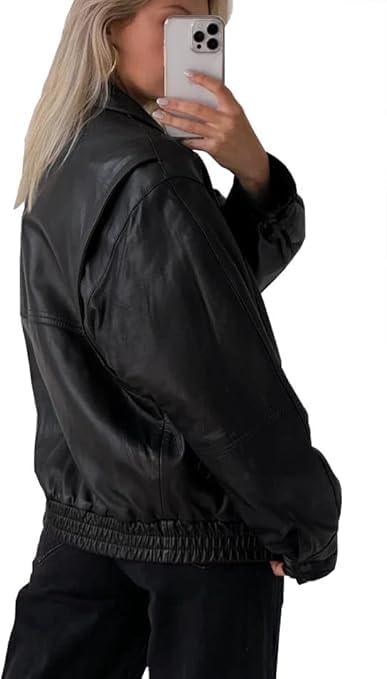 Women's Oversized Genuine Leather Bomber Jacket Plus Size Moto Biker Coat4