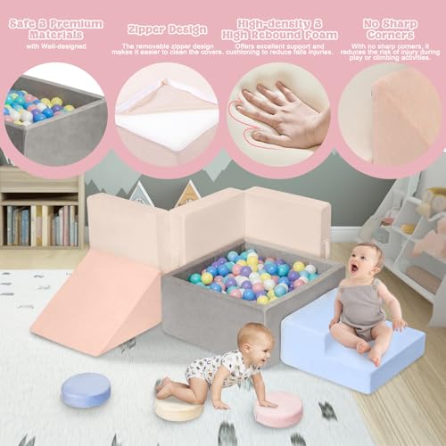 Image of CAMELUS Climbing Toys for 1 Year Old, Baby Foam Climbing Blocks with Large Ball Pit for Toddlers, 7-Piece Soft Play Set, Indoor Climber Crawl Activity Play, Birthday (Balls not Included)
