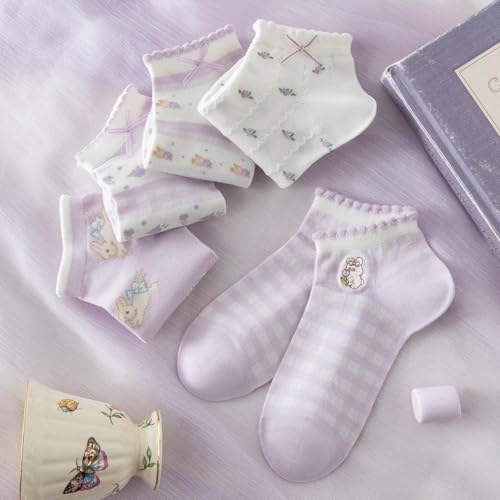 Image of Cute Socks Purple Bow Cartoon Bunny Socks For Women Ankle Ruffle
