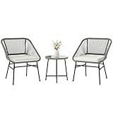 Outsunny Polyrattan Gartenm&ouml;bel Set, Outdoor Balkonm&ouml;bel f&uuml;r 2 Personen, 3-teilig Bistroset mit 2 St&uuml;hle, Beistelltisch, Sitzkissen, wetterfest Sitzgruppe f&uuml;r Garten Balkon Dunkelgrau