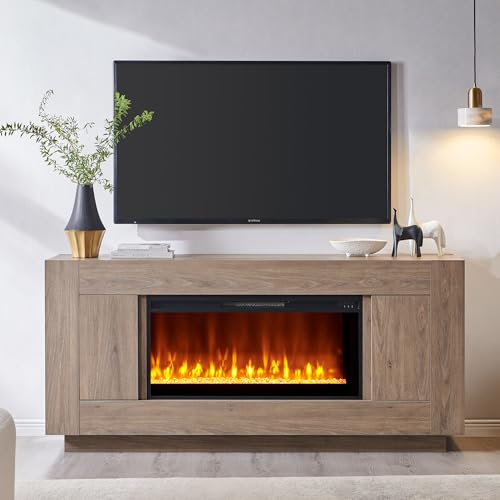 OKD Modern 70" Fireplace TV Stand with 36" Electric Fireplace, Entertainment Center for TVs Up to 80", Media Console with Side Cabinets, Thick Wood Design for Living Room, Alder Grey