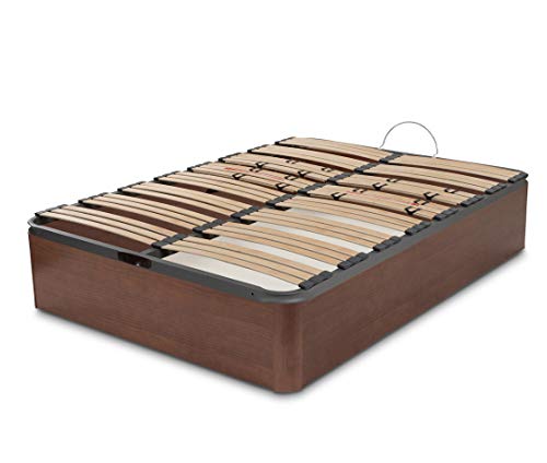 DORMIDAN - Canapé abatible Gran Capacidad Esquinas Redondeada en Madera Maciza, Tapa somier multiláminas con regulación Lumbar (150x180cm, Cerezo-Nogal)