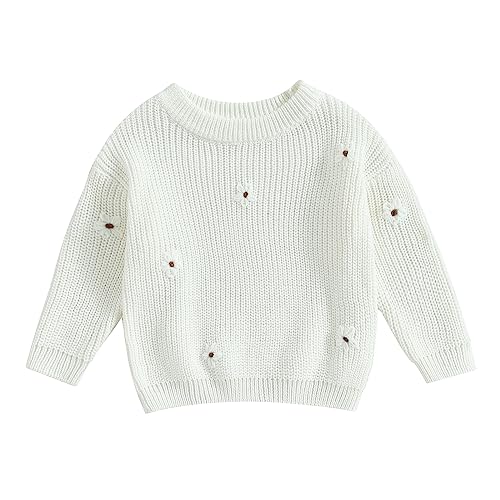 MAHUAOYIXI Toddler Newborn Baby Girl Warm Clothes Long Sleeve Flower Embroidery Knit Sweater Sweatshirt Knitted Pullover Jumper Chunky Knitwear Infant Girls Fall Winter Outfits (White, 6-9 Months)