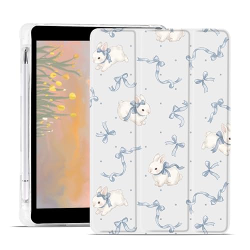 Étui iPad 10.2 pouces avec porte-crayon motif animal mignon nœud bleu