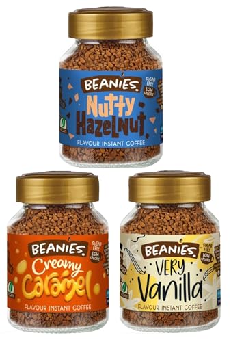 Beanies Flavoured Instant Coffee Variety Pack - 3 x 50g jars - Creamy Caramel Nutty Hazelnut and Very Vanilla
