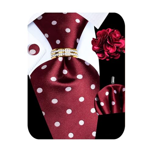 Image of 5PCS Mens Silk Designer Tie, Pocket Square, Cufflinks, Drilled Tie Ring and Lapel Pin Set for Wedding Groom Party