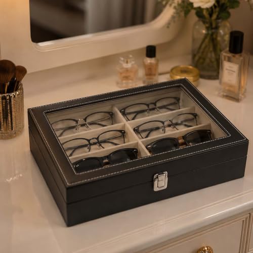 ZHYUAN Organisateur de lunettes de soleil, Boîte à lunettes, Boîte de rangement pour lunettes de soleil, Boîte à lunettes 8 compartiments, utilisés pour ranger lunettes, bijoux, montres et clés. – vue 6