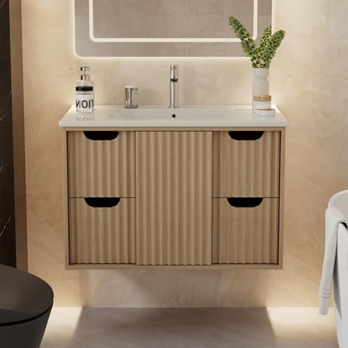 Modern 30 Inch Floating Vanity Bathroom with Sink – Wall-Mounted Vanity with 4 Soft Glide Drawers, Sliding Door Cabinet, Waterproof Finish – Ideal Bathroom Vanity with Sink for Storage & Style