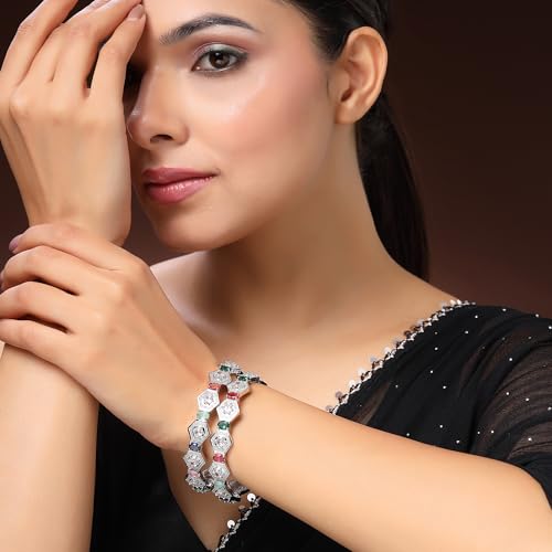 Image of ZENEME Rhodium Plated Silver Toned Geometrical Shaped Multicolor American Diamond Studded Bangles Set Of 2 For Women & Girls