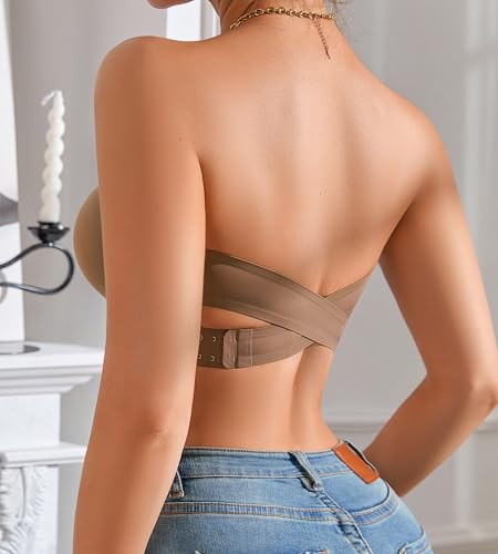 Image of DEANGELMON Strapless Bra for Women Crossover Side Closure Non-Slip Silicone Padded Bandeau Bras Wireless Tube Top Bra