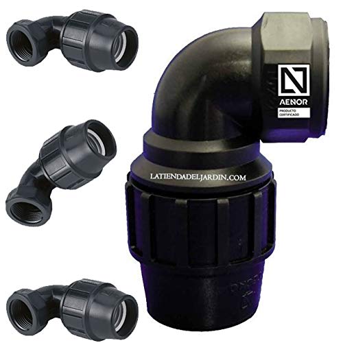 Pack of 4 x Elbow Female Polyethylene 25 mm x 3/4 inches. AENOR certified product used in 25mm PE pipes for plumbing irrigation and construction use