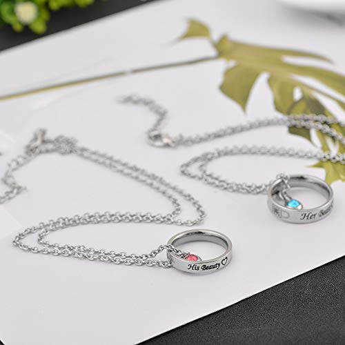 Mjartoria Matching Necklaces For Couples, His And Hers Engraved Rhinestone Ring Pendant Set Gifts For Boyfriend Girlfriend(Silver-Her Beauty His Beast) #TOP4