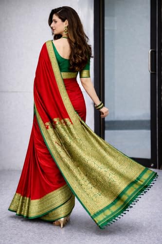 Image of Women's Glory Banarasi Satin Silk Saree with Rich Zari Woven Border & Pallu | Soft Glossy Party Fancy Traditional Saree for Wedding, Festive, Function | Blouse Piece Included