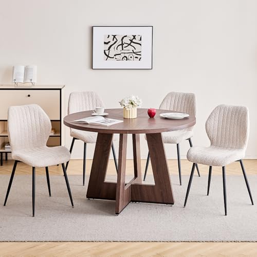 Image of 47 inch Round Dining Table Set for 4 with Chairs Kitchen Table and Chairs Set Mid-Century Modern Chair with Metal Leg for Apartment Living Room(Walnut Table with 4 Beige Chairs)