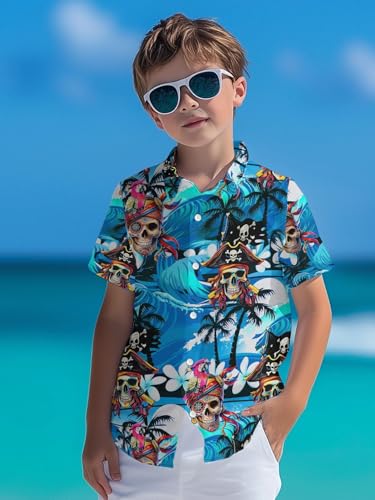 Image of THE PIRATE KING Funny Pirate Hawaiian Shirt Boys Girls Beach Tropical Casual Short Sleeve Button Down Shirt for 5-14 Years