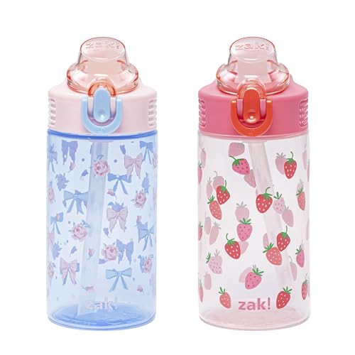 Zak Designs Sage Kids Water Bottle For School or Travel 16oz Durable Plastic Water Bottle With Straw Handle and Leak-Proof Pop-Up Spout Cover 2-Pack Set (Berry and Bows)