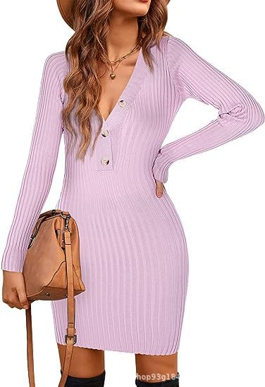 Women’s V Neck Long Sleeve Ribbed Knit Bodycon Mini Dress with Button Detail – Casual, Daily & Date Night Dress