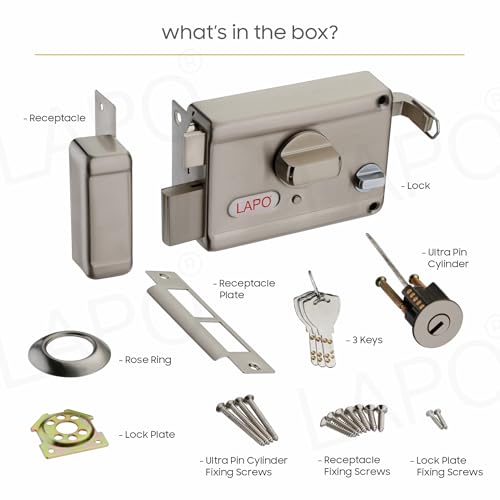 Image of LAPO Rim Lock, Compatible with Main & Safety Door, Dual Latch Max Pro, Dead Bolt Lock for Single, Sliding Doors,Heavy Duty Security Lock, 3 Keys,Matt Finish, 3 Years Warranty
