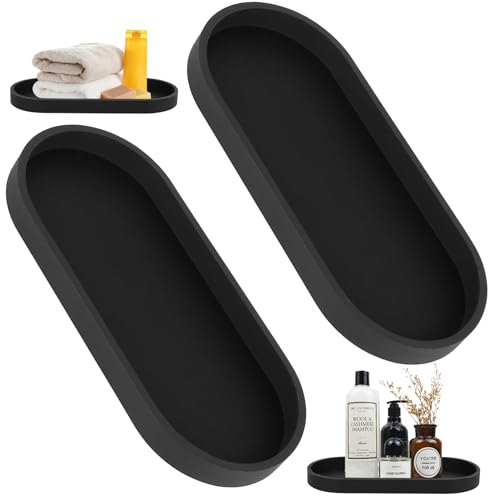 2 vassoi decorativi, vassoi da bagno, in silicone, colore nero, per vasca da bagno, cucina, toilette, cosmetici (ovale, 24,8 x 11 x 2 cm)