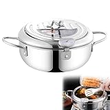 Olla para freír en estilo japonés: olla de acero inoxidable 304 con colador, olla de 2,2 L con termómetro, superficie pulida con espejo, freidora Tempura para patatas fritas, alitas de pollo y gambas