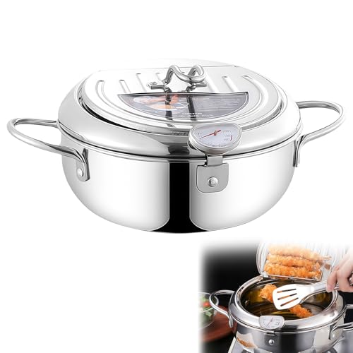 Friteuse de style japonais : marmite à frire en acier inoxydable 304 avec passoire, casserole de 2,2 l avec thermomètre, surface polie miroir Tempura...