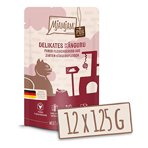 MjAMjAM - Premium Nassfutter für Katzen - Quetschie - purer Fleischgenuss - zartes Känguru pur, 12er Pack (12 x 125 g), getreidefrei mit extra viel Fleisch & Premium Nassfutter für Katzen