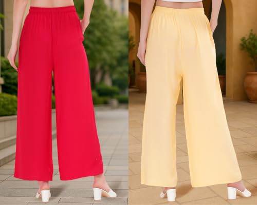 Image of Buy That Trendz Palazzo Pants for Women Cotton Rayon Elasticated Regular Fit Flared Wide Leg M to 6XL Pack of 2