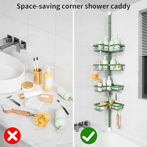 Image of KEGII Shower Caddy Tension Pole, 4-Tier Rustproof Adjustable Corner Bathroom Organizer for Renters, 25-114.2 Inch No Drill Space-Saving Shower Storage Rack, Emerald Green