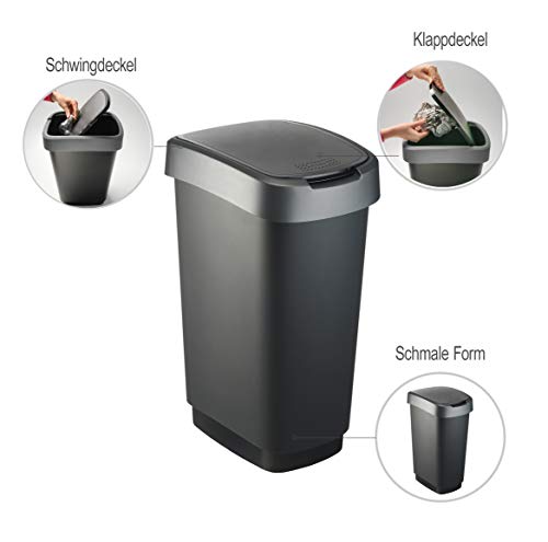Rotho Twist Mülleimer 50l mit Deckel, als Schwing oder Klappdeckel nutzbar, Kunststoff, schwarz/silber, 50l (40.1 x 29.8 x 60.2 cm)