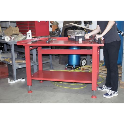 K Tool International 75111 60" x 34" Heavy Duty Work Table for Garages, Repair Shops and DIY, 1200 lb., 31" Height, Raised Edges, Bottom Shelf, Leveling Feet, 13 Gauge Steel, Powder Coated Finish, Red by K Tool International - Used condition - Image 5