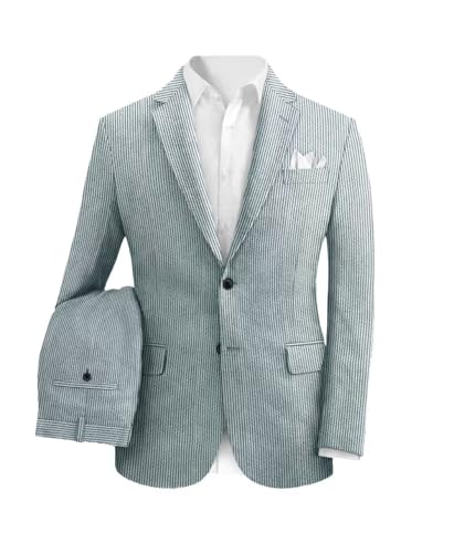 Men's 2 Pieces Searsucker Pinstripe Suit Casual Solid Six Button Blazer Slim Fit Single Breasted Jacket Trousers Set