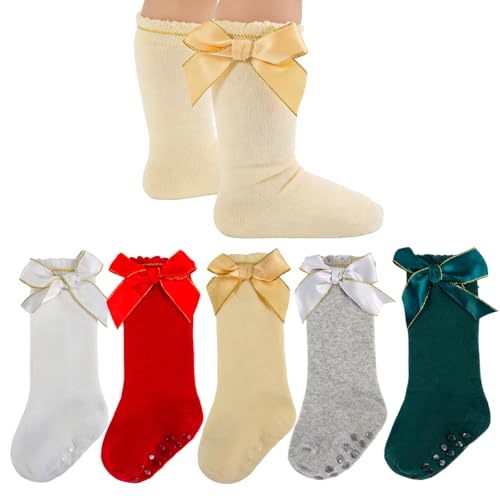 MKYSZLT Baby Girls Knee High Socks Newborn Infant Toddler Non Slip Long Ruffle Frilly Stockings Cotton Bow Tall Tube Sock (US Age 0 Months 6 Months yellow dark green grey red white)