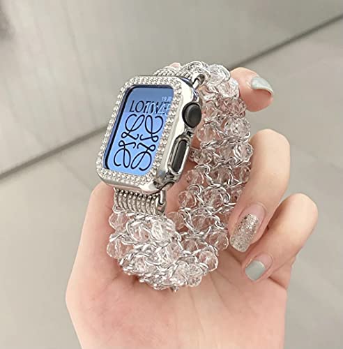 Glitter Beaded Bracelet Compatible Apple Watch Bling Band,Fohuas Clear Crystal Beads Pearl Bangle For Iwatch Series Ultar 8 7 6 5 4 3 2 1 Metal Chain Elastic Jewelry Strap Women Girl Transparent Silver(White, 38Mm/40Mm/41Mm) #TOP1