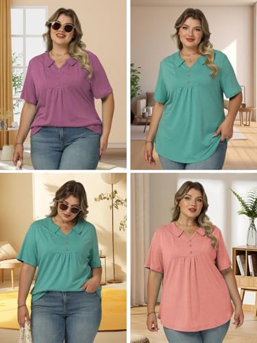 ROSRISS Womens Plus Size Tops Summer Fashion Short Sleeve Tees Casual Collared Polo Shirts Loose Fit Button Blouses XL-5XL4