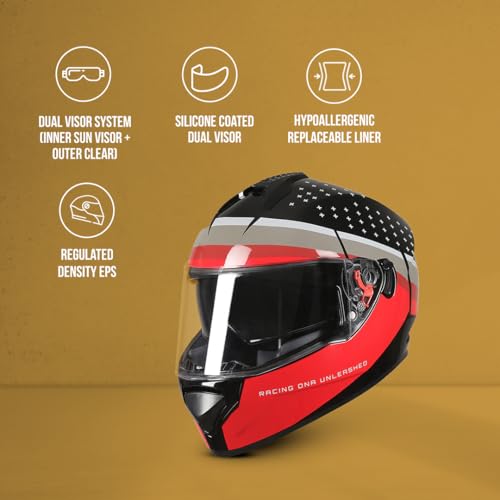 Image of TVS Racing Phantom Series Full Face Dual Visor Helmet for Men | Premium Bike Helmets with ABS Shell, UV Paint | Quick Release System | Aerodynamic Design | DOT & ISI Certified