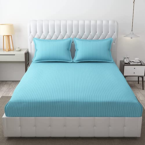Image of 300 TC Glace Cotton Plain Stripe Queen Size Single Bedsheet with 1 Pillow Cover for Home, Hotel, Guest Room (60 X 90) Inch Aqua Pack 1